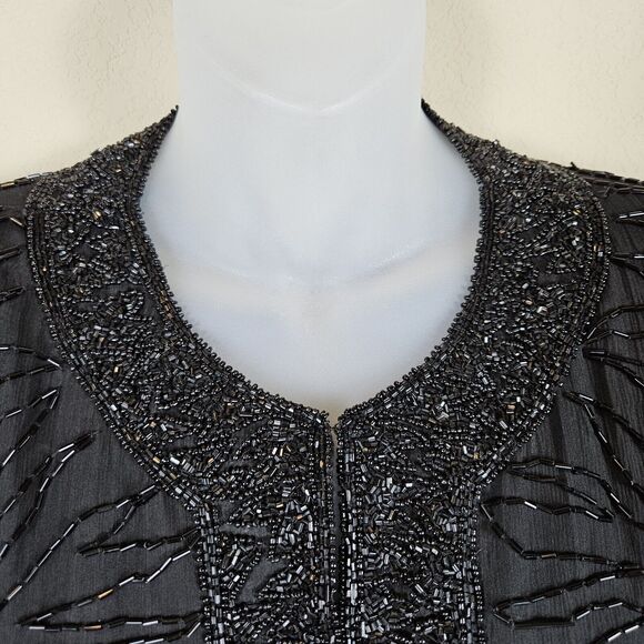Vintage Beaded Silk Jacket Duster Coat Large Elegant Black Party Wedding Blazer - Picture 5 of 16